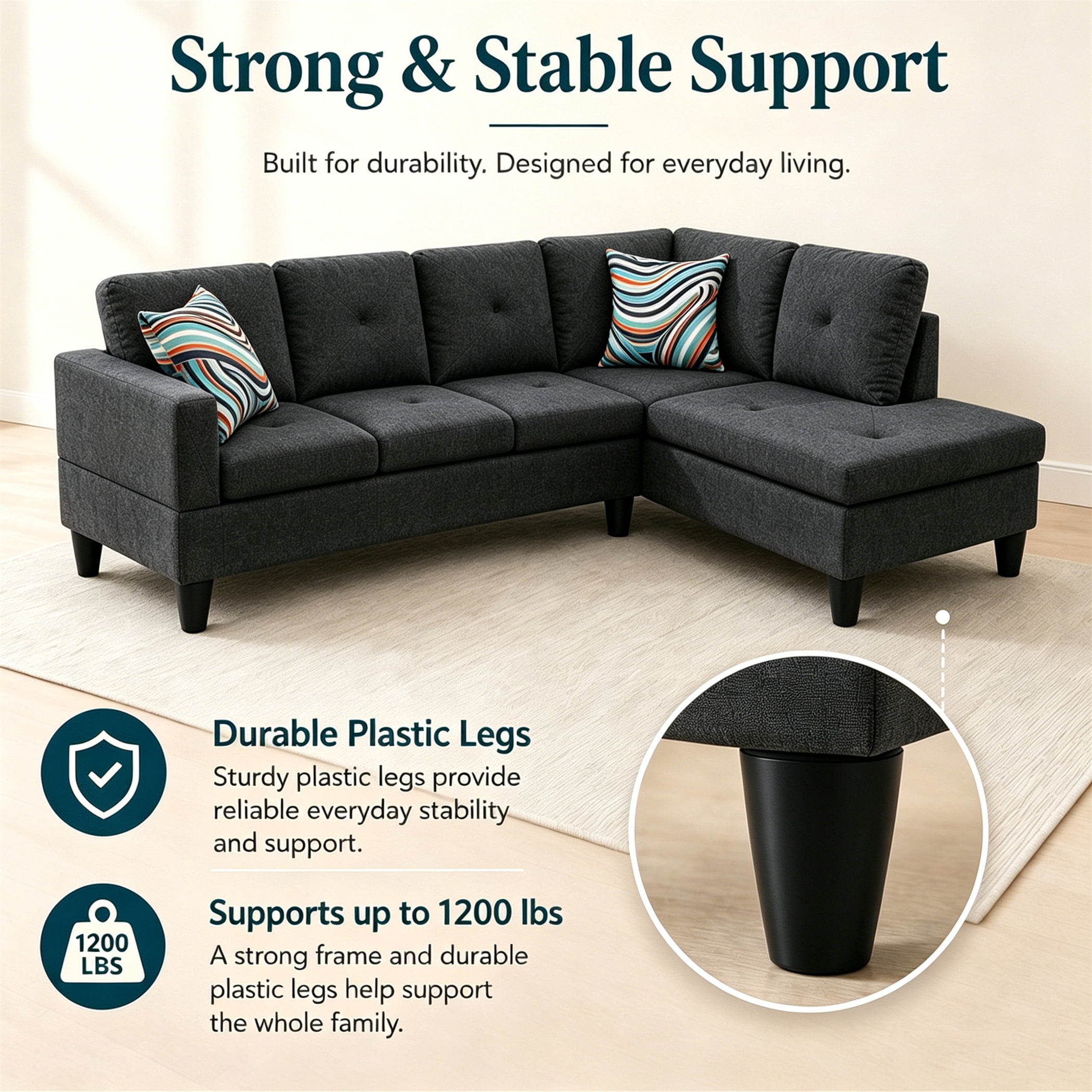 Aukfa 97" Classic Sectional Sofa 4 Seat L shape Couch for Living Room, 2Pillows, Oversized Right Chaise, Linen, Black Gray