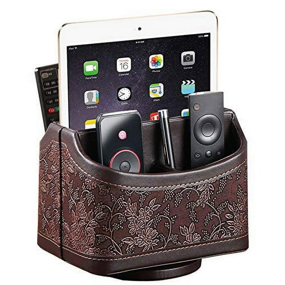 Antique Leather Remote Control Holder, 360 Degree Spinning Desk TV Remote Caddy/Box, Bedside Table Organizer for Controller, Media, Calculator, Mobile Phone and Pen Storage