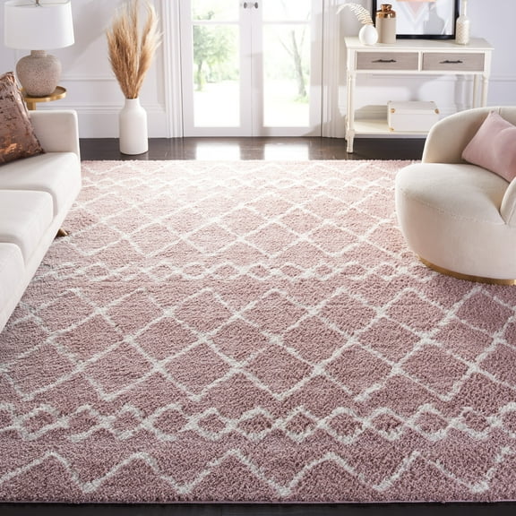 SAFAVIEH Berber Feride Geometric Shag Area Rug, Light Rose/Ivory, 9' x 12'