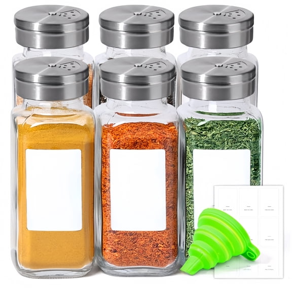 Six Piece Set Square Glass Spice Jars for Condiments Kitchen Storage