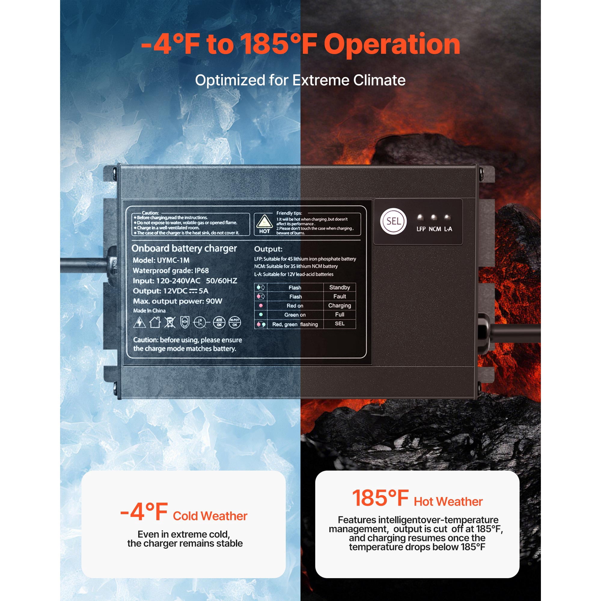 KFFKFF 1-Bank 5A 12V Onboard Marine Battery Charger, IP68 Waterproof Smart Charger for Lithium-Ion (LiFePO4), NCM, and Lead-Acid Batteries, Suitable for Boats, Yachts, RVs, and Trailers