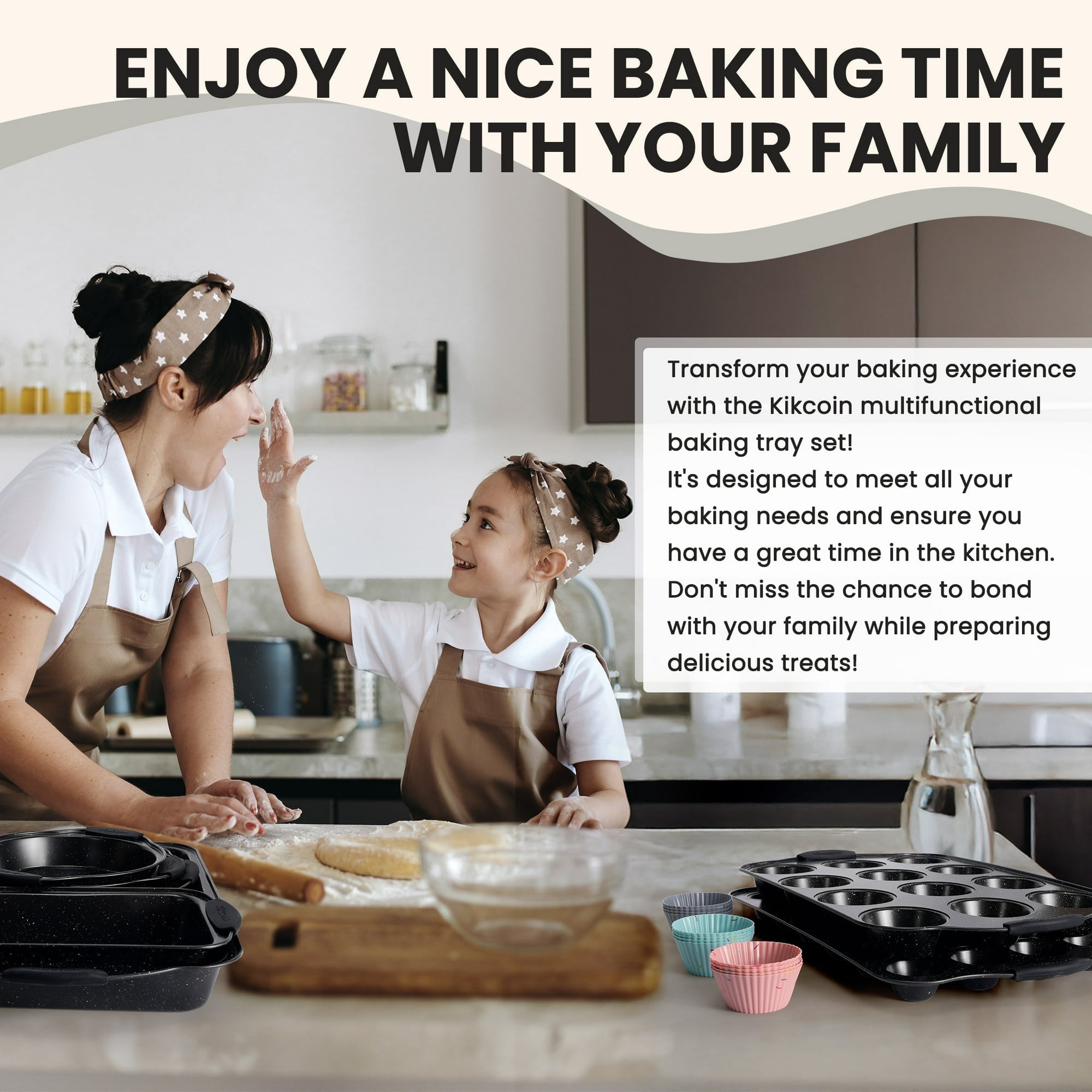 Kikcoin Bakeware Set, Carbon Steel Baking Pans Set, Baking Sheet Pans for Kitchen with Silicone Handles, Nonstick Cookie Sheets