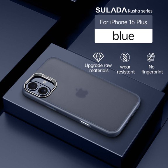 Compatible With iPhone 16 Plus Phone Case,With Metal Camera Frame&Metal Buttons,Shockproof Anti-fall Rugged Ultra Slim Thin Fit Frosted Rugged Translucent Phone Case Cover,Darkblue