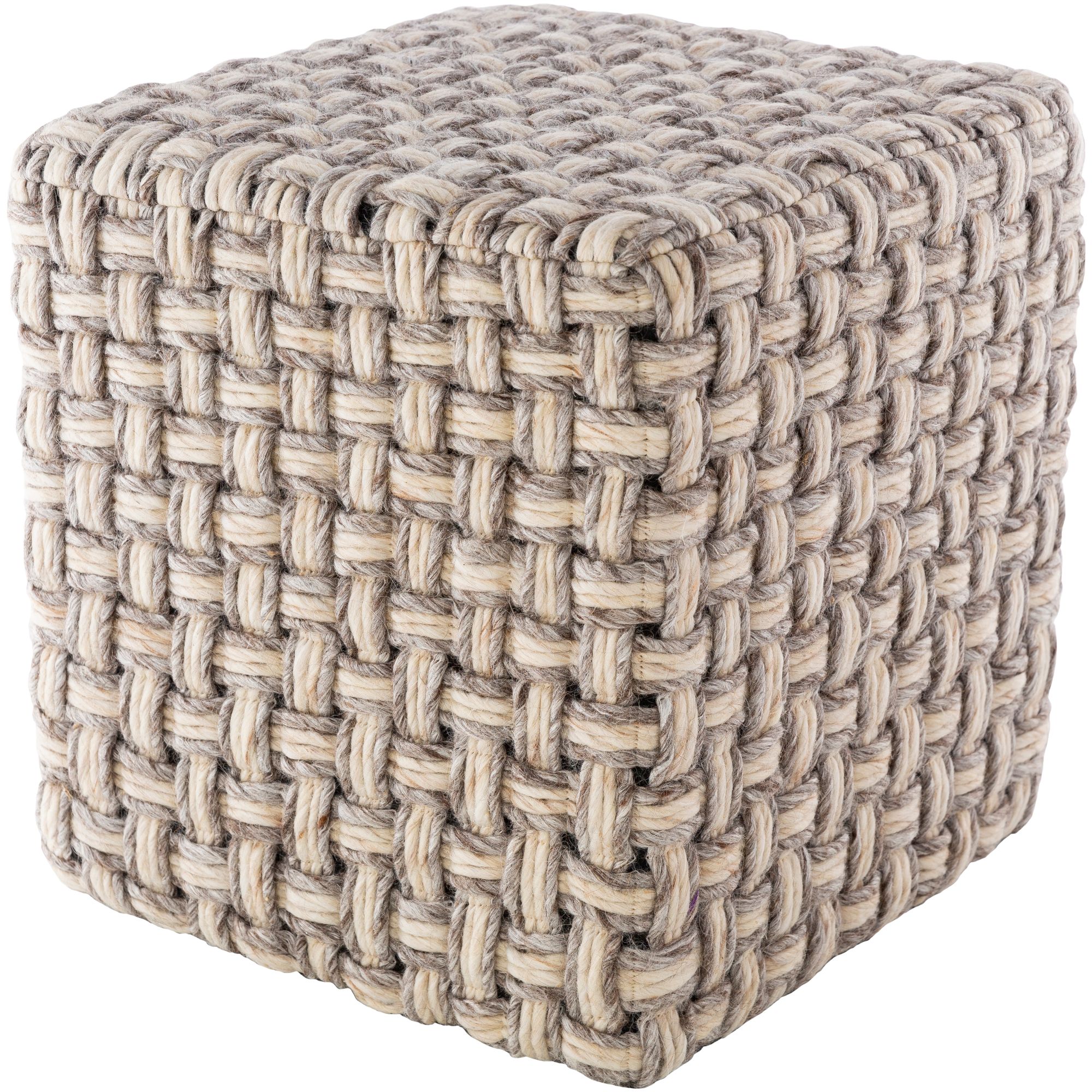 18" Brown and Beige Basket Weave Patterned Wool Cube Pouf Ottoman