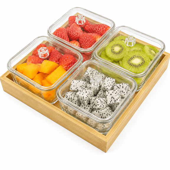 4 Pcs Chip and Dip Bowls with Wooden Serving Tray, 9.8 oz Square Glass Fruit Snack Bowls & Serving Platter for Party Appetizers, Candy, Nuts, Side Dishes, Sauce