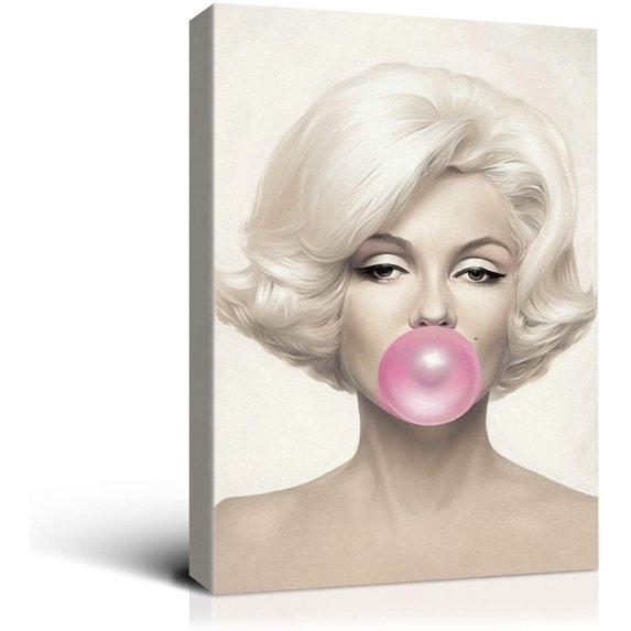 Rosework Framed Canvas Wall Art, 16x24 Inch, Marilyn Monroe with Pink Bubble Gum, Made In USA