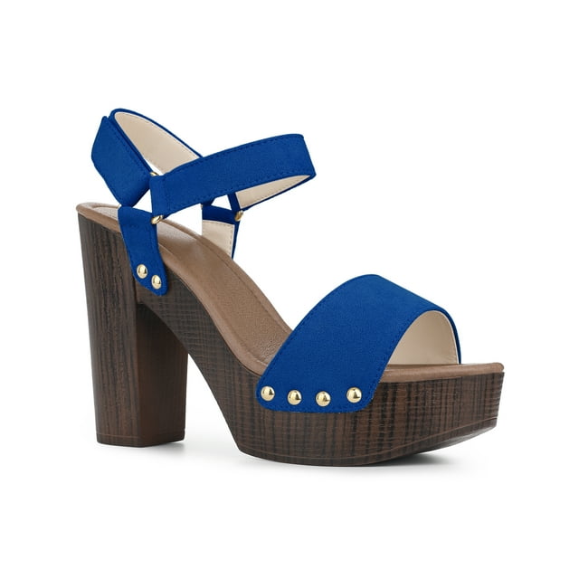 BLISSFUL STEP Women's Platform Slingback High Heels Chunky Heels Sandals Deep Blue (Size 8.5)