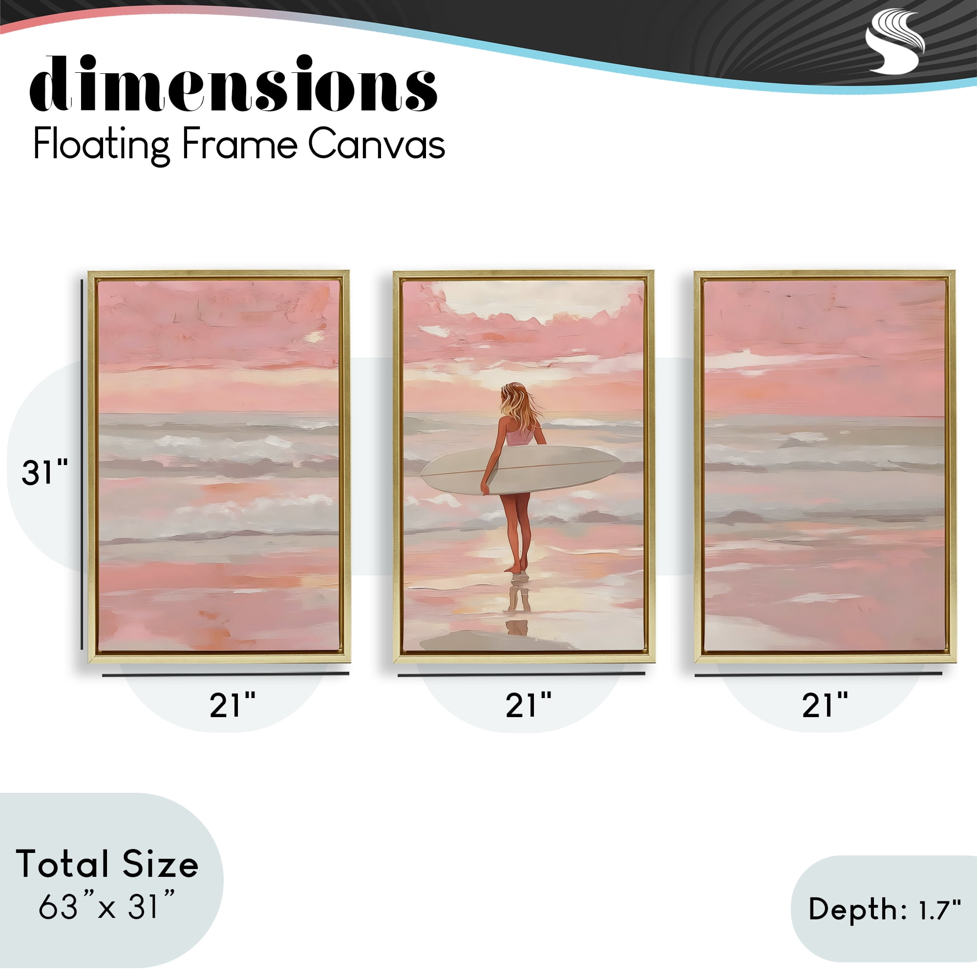 Stupell Industries Pink Sky Surfer Sunrise 3 Piece Gold Framed Floater Canvas Set, design by LSR Design Studio