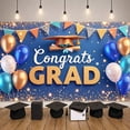 thumbnail image 3 of Gold Grad Cap Graduation Banner Colorful Balloons Graduation Backdrop Blue Background Glittery Design Academic Background for Graduation Party College Graduation Graduation Photoshoot, 3 of 9