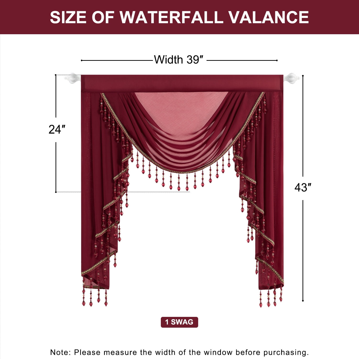 VOGOL Vintage Style Waterfall Valance, 39 inches Wide Soft Touch Sheer Drapes for Living Room, Classical Rod Pocket Silky Swag Valance with Handmade Tassels, Burgundy Red, 1 Panel
