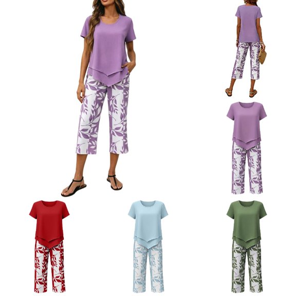 Krdevn Womens Casual 2 Piece Outfits Short Sleeve Irregular Top Leaf Print Capri Pants Summer Daily Wear Set,M