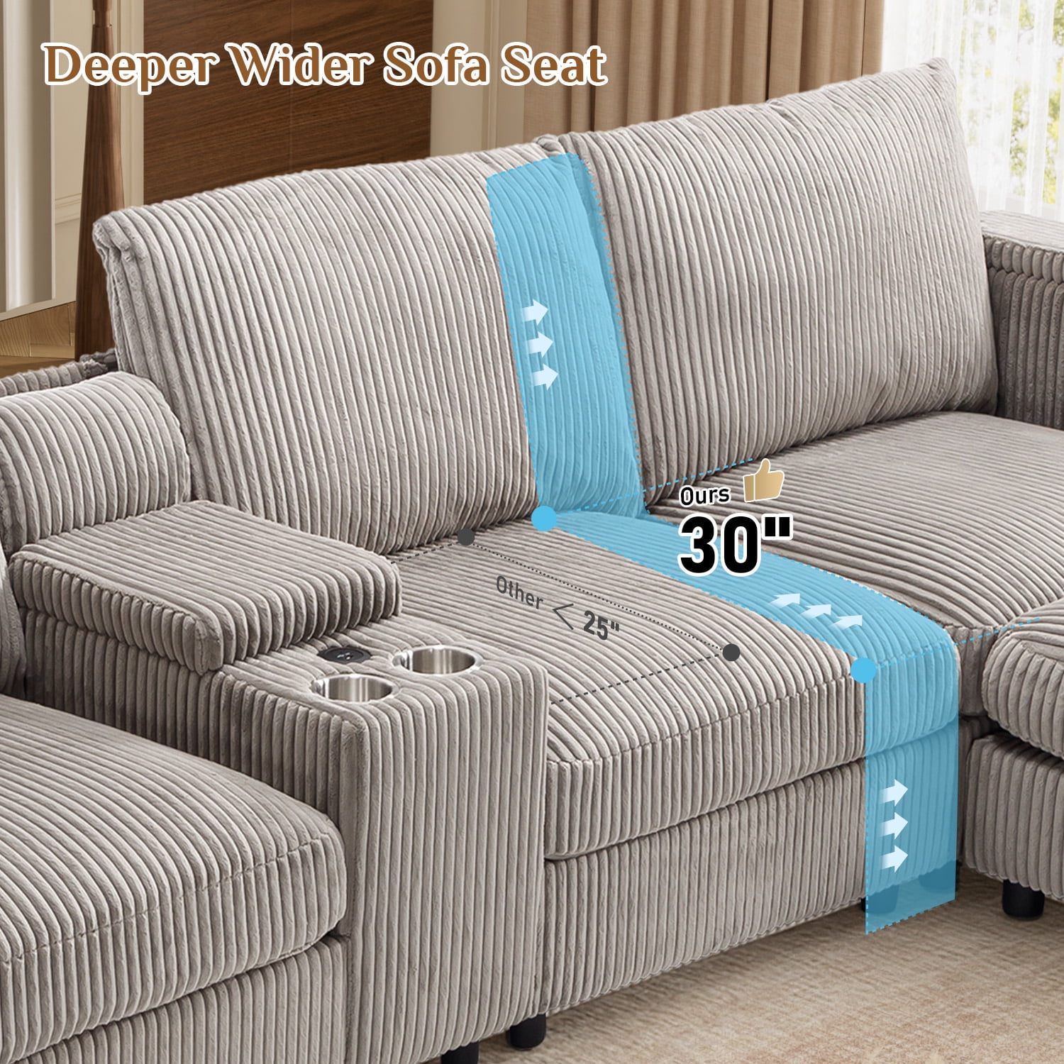Wiilayok 153" Oversized U-Shaped Cloud Couch Sectional with Modular Design for Living Room: Comfy Corduroy, Ottoman, USB Port, Cup Holder, Armrest Storage, Side Pocket, Grey