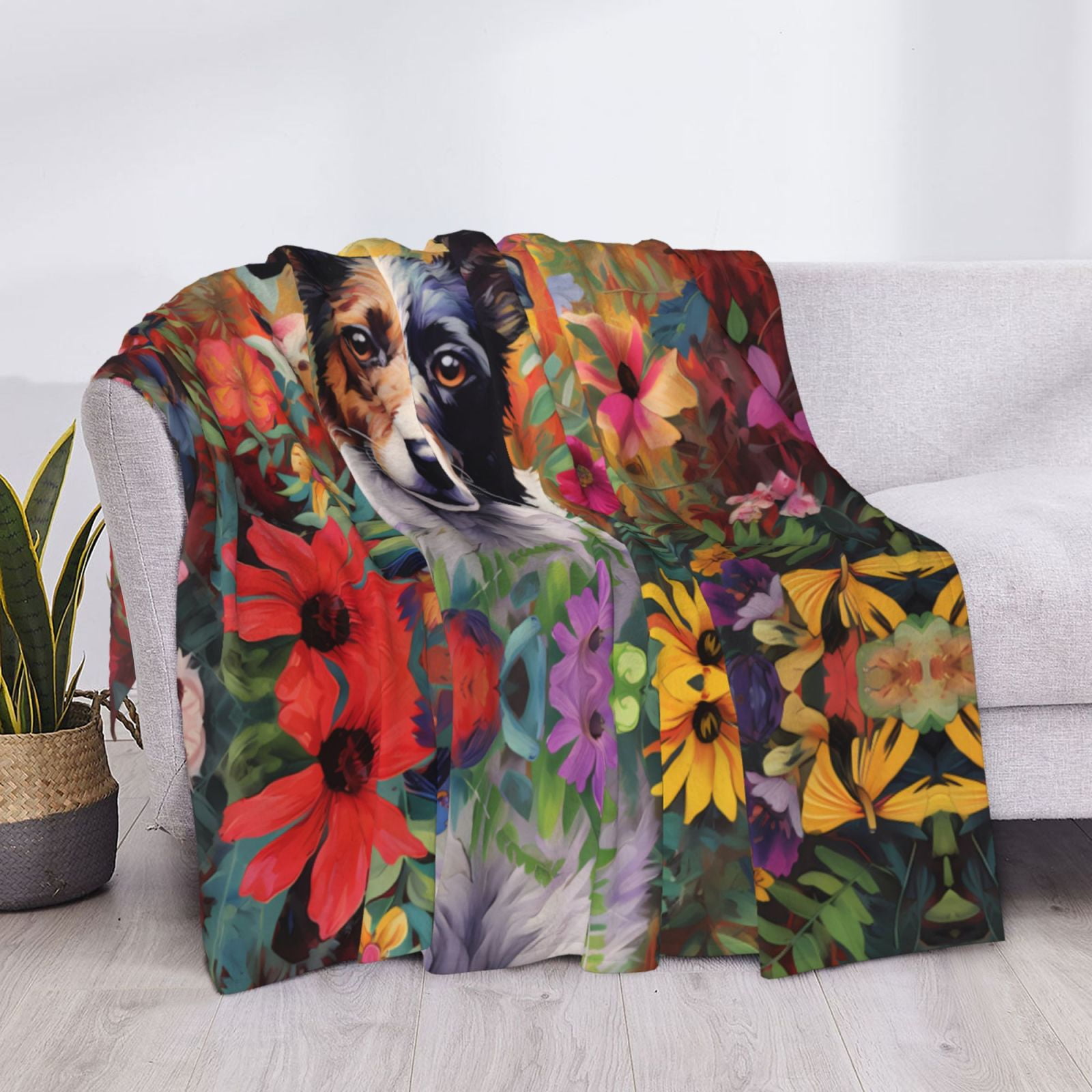 Throw Blanket for Couch - Colorful Flower Dog Soft Comfy Lightweight Cozy Warm Throw Blanket, Fuzzy Plush Flannel Blanket & Throws for Sofa and Bed All Season