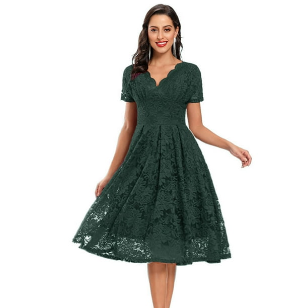 Women's Floral Lace Bridesmaid Dress V Neck Short Sleeve Elegant