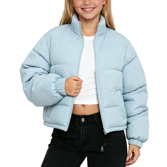 Dnhxils Winter Jackets for Girls Puffer Coats with Pockets Kids Fashion High Stand Collar Zip Up Coats Winter Trendy Outerwear Blue 14-15 Years