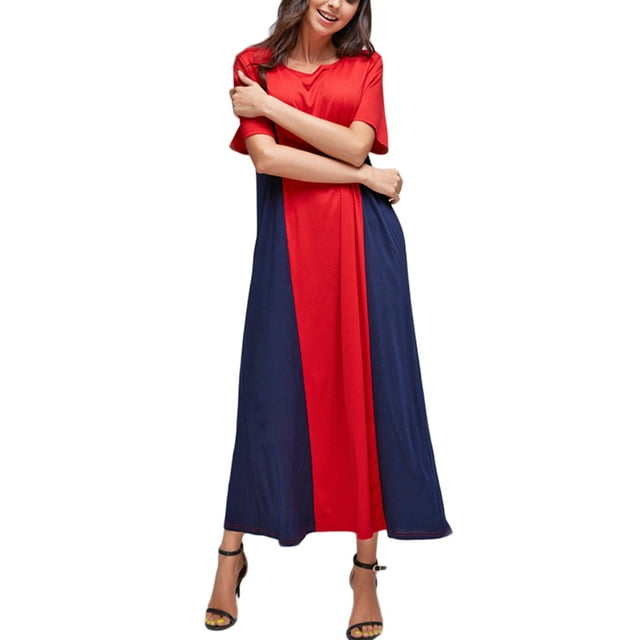 SUNNYME Robe Longue Maxi Ample à Manches Courtes Bicolore Décontractée pour Femmes