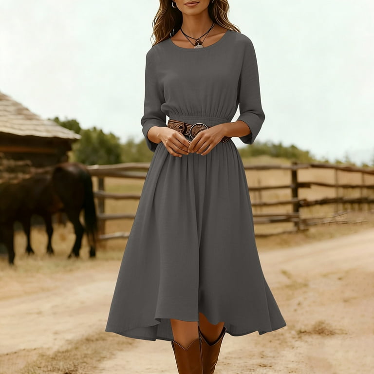 UPPADA Women's Summer Cotton Linen Dress Boho Wrap Dress 3/4 Sleeve Smocked  Waist A Line Dress Flowy Beach Dress Cotton Linen Fit and Flare Midi Dress  Dark Gray,L - Walmart.com