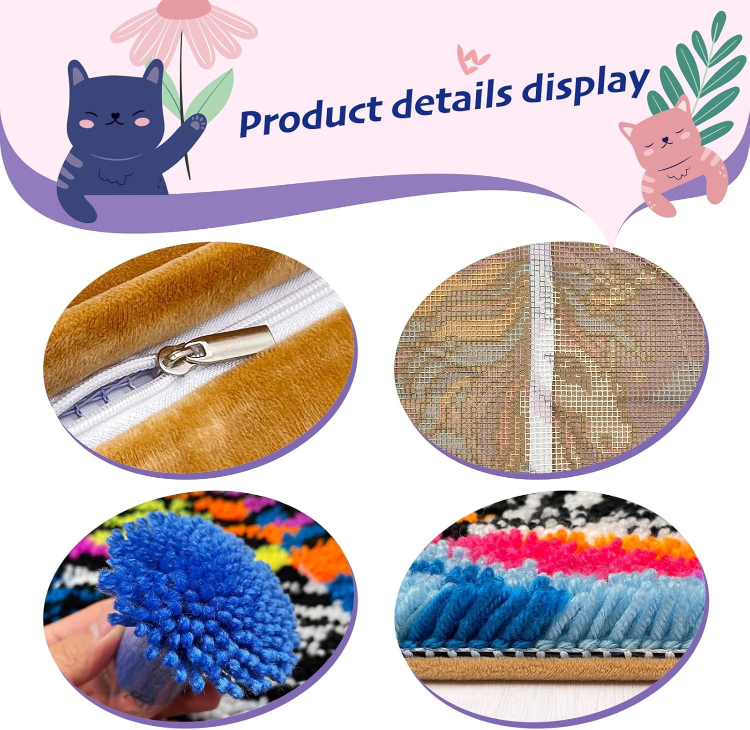 Latch Hook Kit for Adults, DIY Colorful Cat Pillow & Rug Craft Kit for Beginners, Animal Handmade Yarn Art, Relaxing Home Sofa Decor Gift