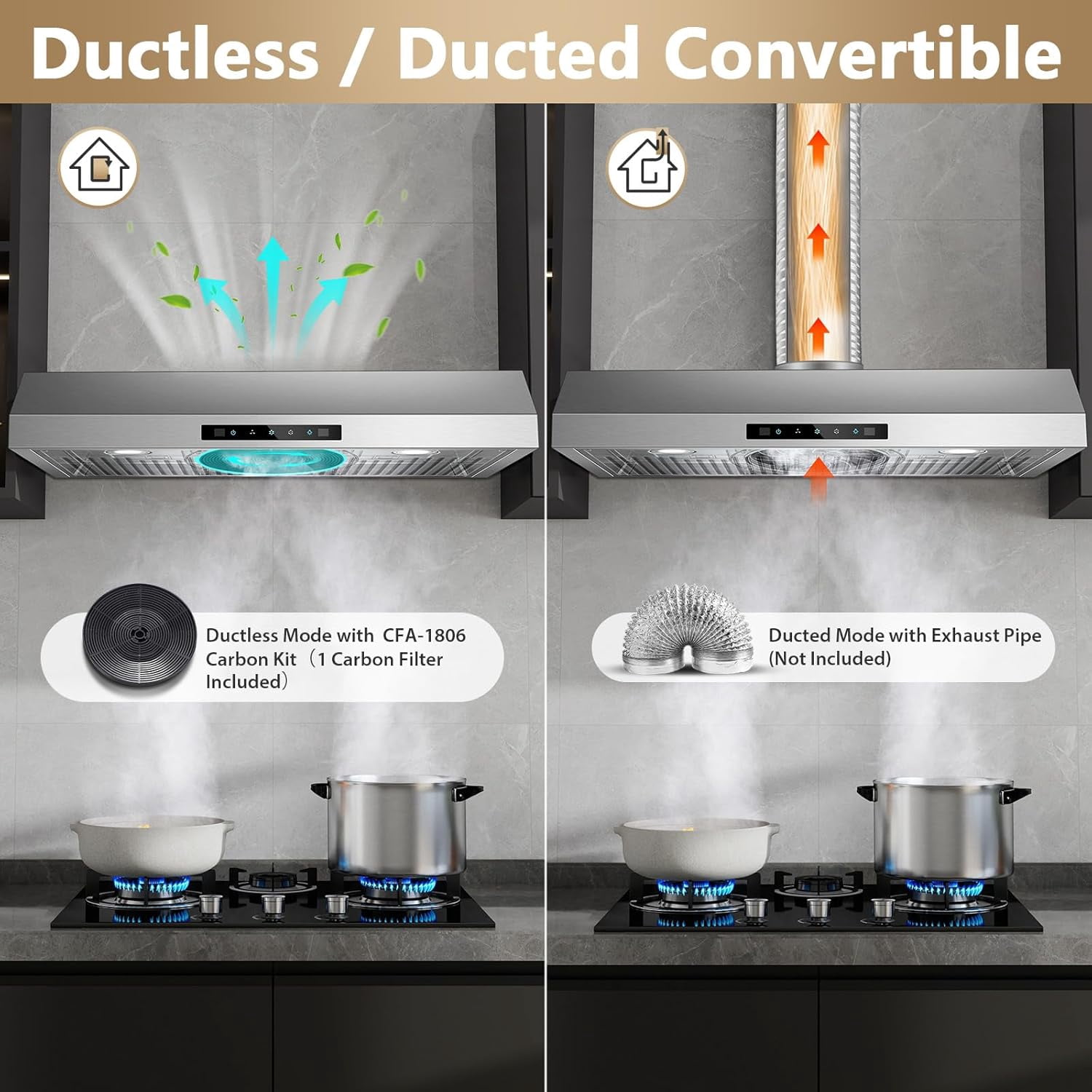 Range Hood 30 inch Under Cabinet, 800 CFM Stainless Steel Range Hood with Gesture and Touch Control, kitchen hood with Carbon Filter, 3 Fan Speed, Ducted/Ductless Convertible