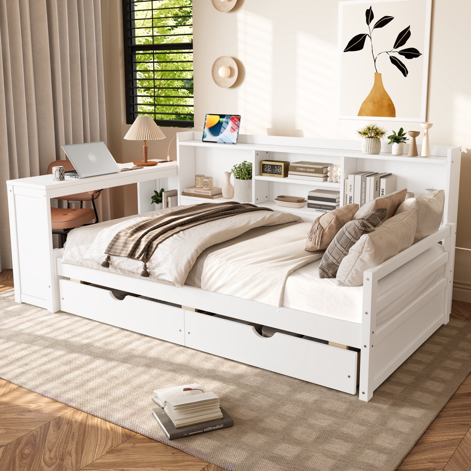 Leumius Twin Size Corner Bed with Desk and Storage Bookcase,Modern Daybed with 2 Drawers,Twin Size Wood Bed Frame with Charging Station,White