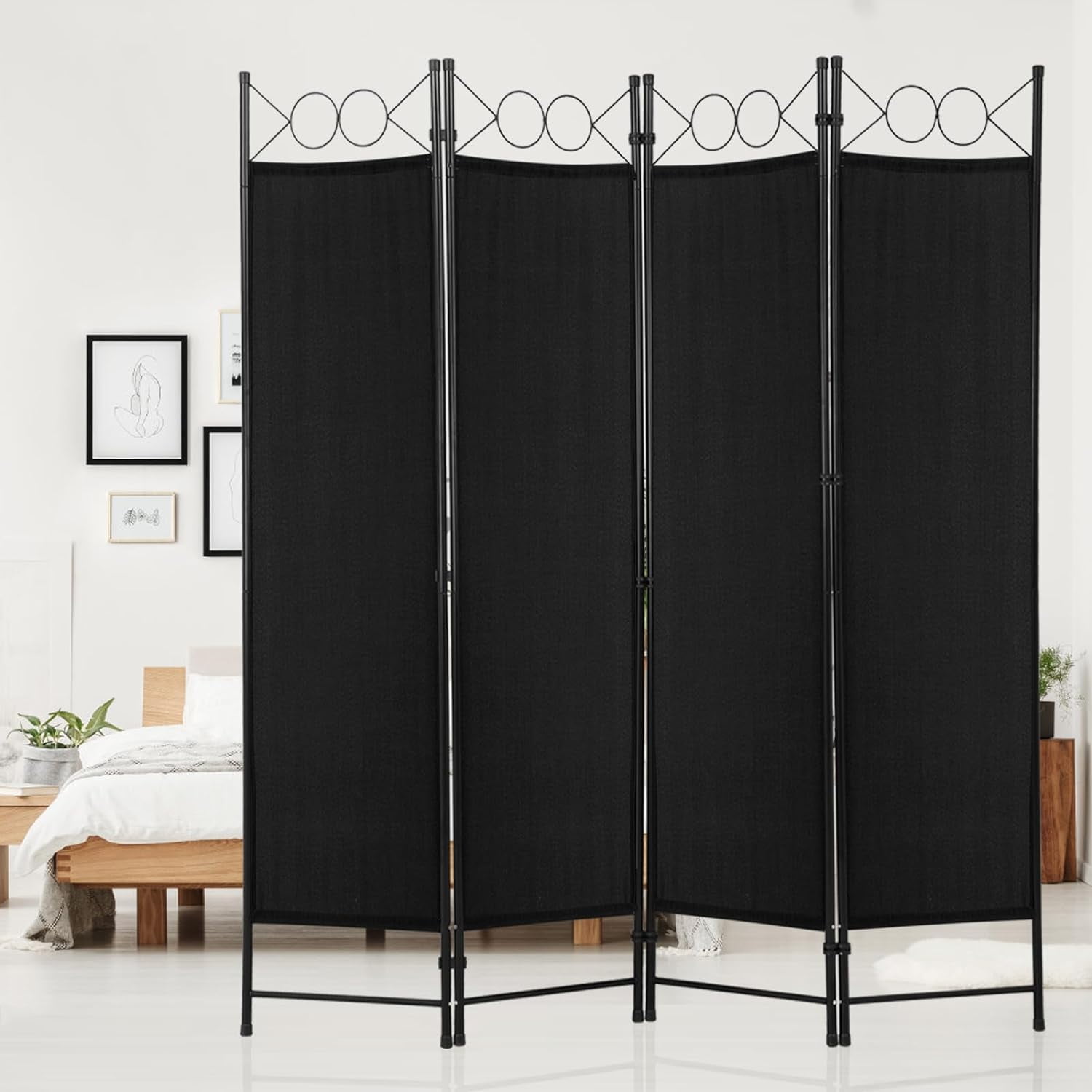 CL.HPAHKL 4 Panels Room Divider and Folding Privacy Screen, 6 ft Tall Steel Frame Wall Divider, Freestanding Space Separate Furniture Partition Room Dividers for Home Office Restaurant Bedroom, Black