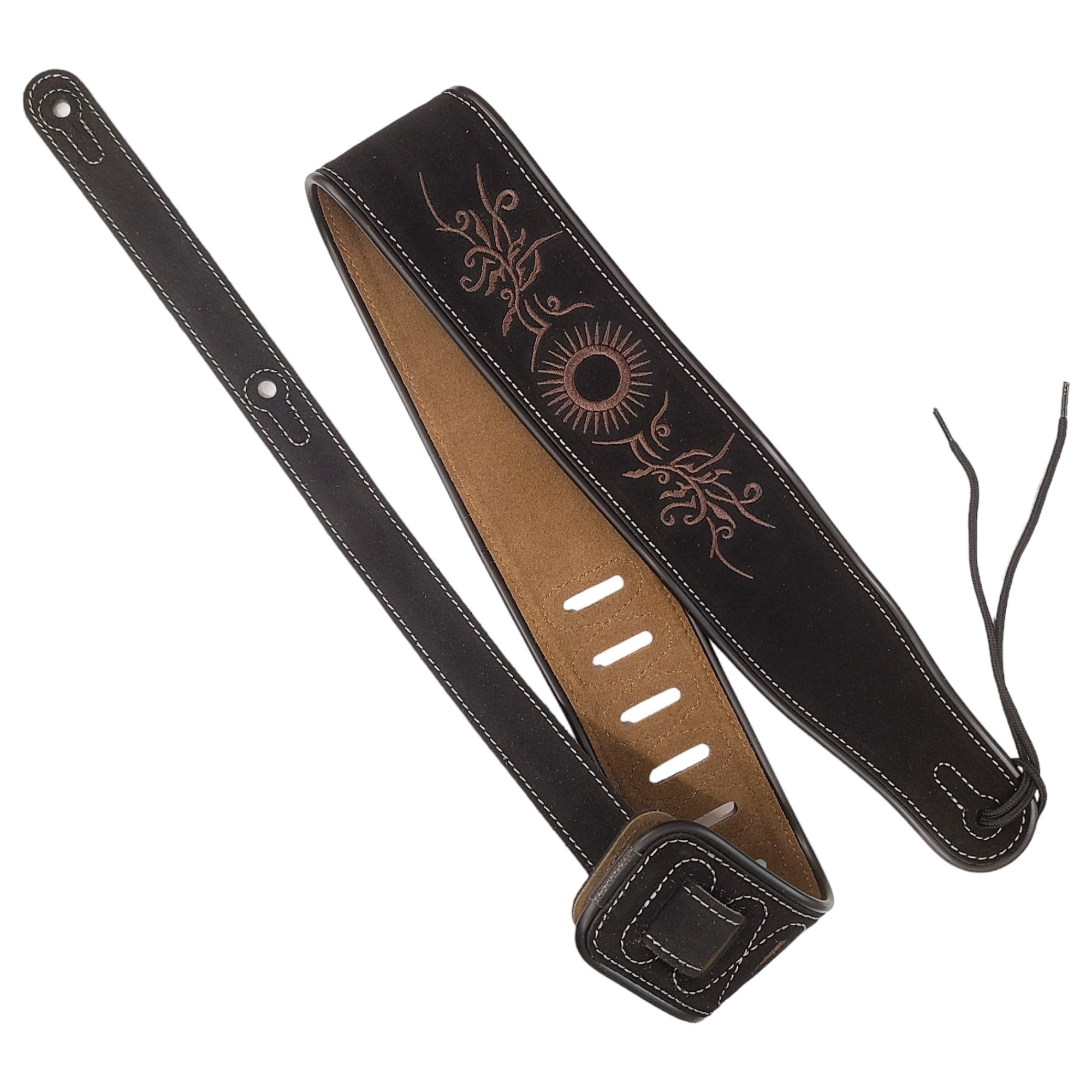 Leather Strap Acoustic Electric Guitar Bass Black Brown Notes Wide Thick Padded Black Suede Tribal Sun
