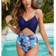 thumbnail image 3 of Traje de baño de una pieza Impreso Twist Front Sin respaldo Cuello en U Traje de baño hueco para mujer para verano Azul oscuro S, 3 of 7