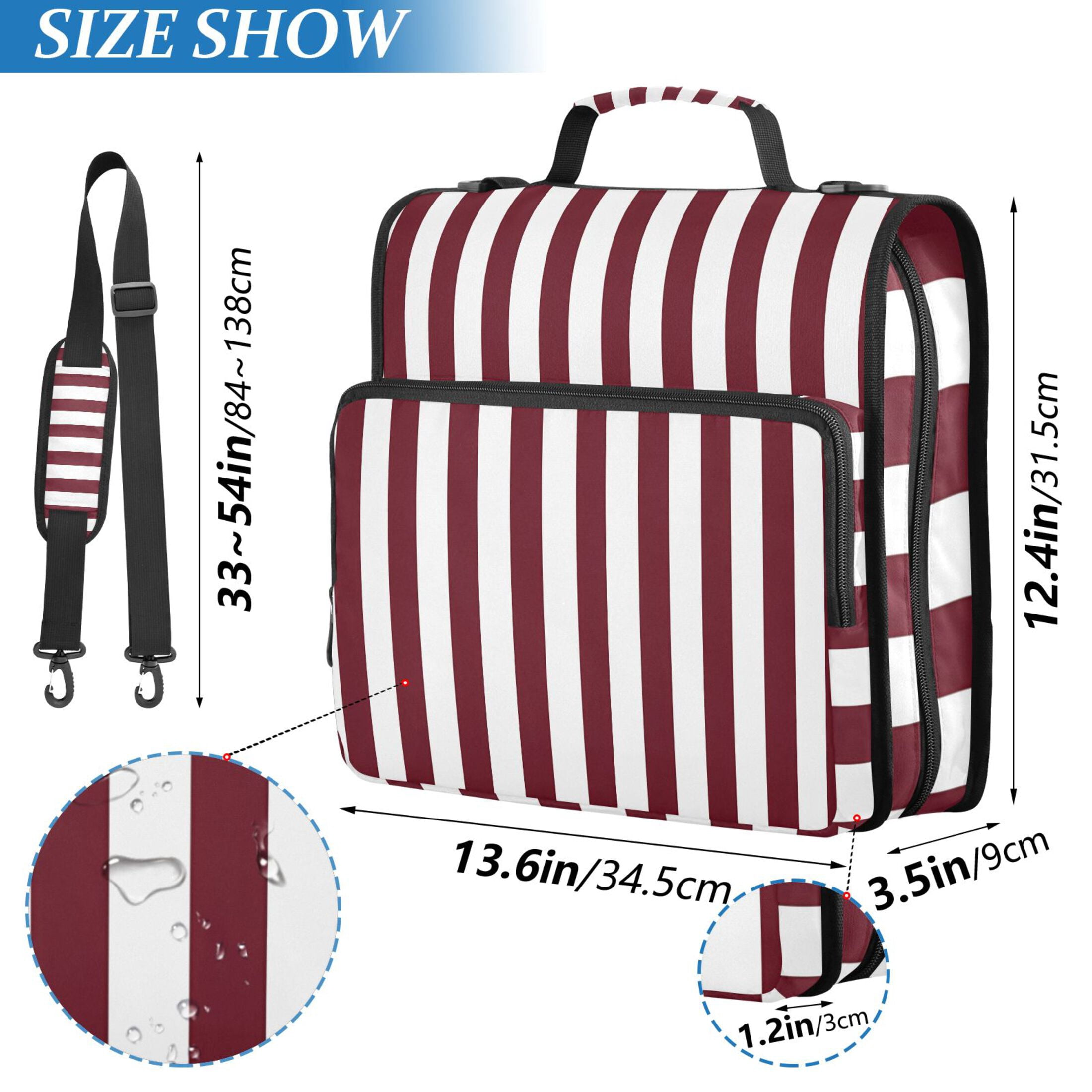 3 Ring Zipper Binder with Shoulder Strap Waterproof Trapper Keeper 2 Inch D-Ring 500 Sheets Capacity Dark Red and White Striped