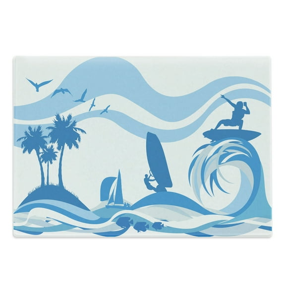 Aquatic Cutting Board, Surfer on Waves Water Sports Recreation Palms Sea Sailboats Summertime Holiday, Decorative Tempered Glass Cutting and Serving Board, Large Size, Blue Pale Blue, by Ambesonne