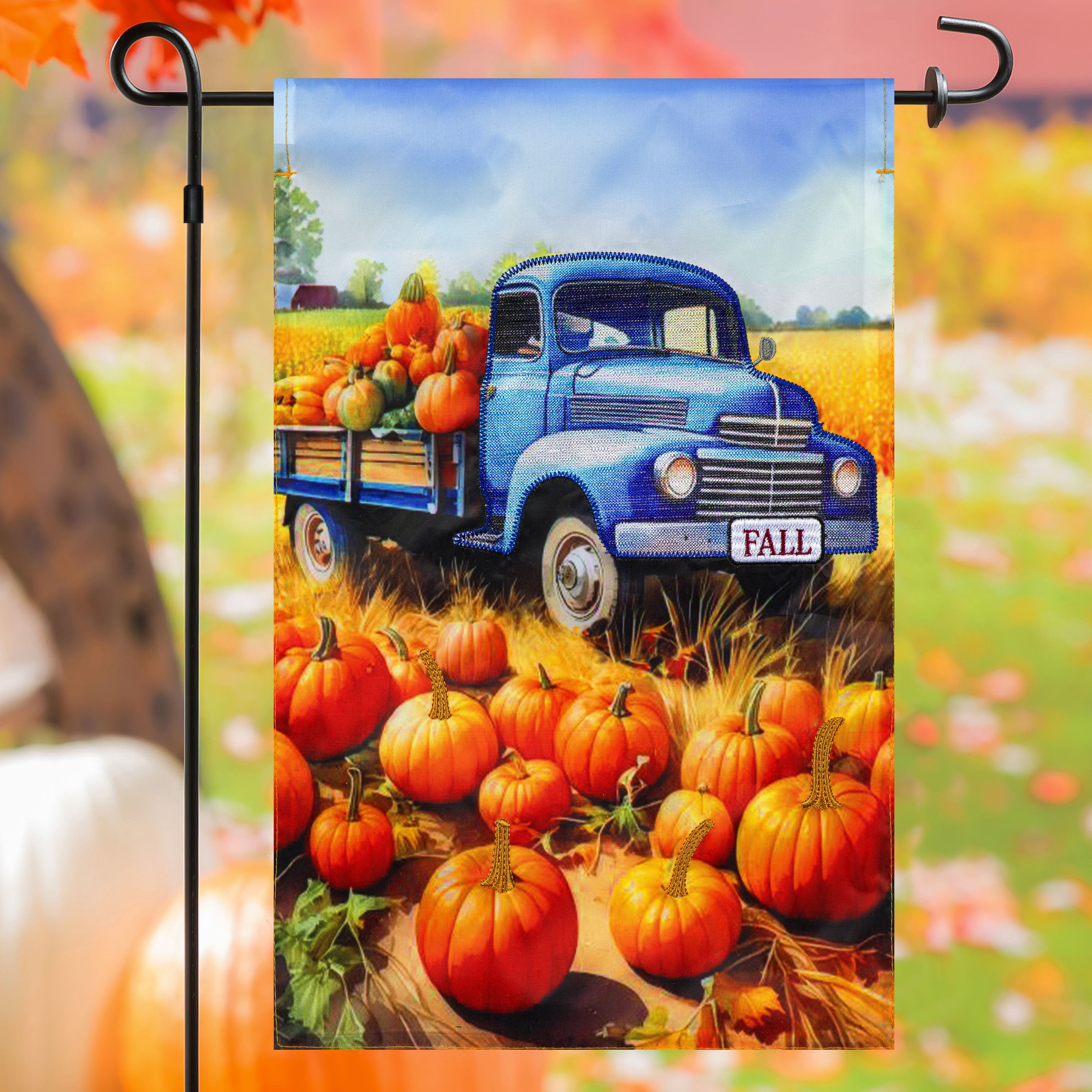 Meadow Creek Harvest 11.5" x 18" Blue Truck Outdoor Yard Flag with Stand