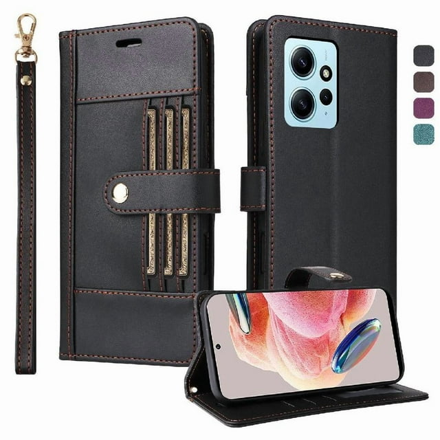 FOXDOCK Funda tipo Cartera para Xiaomi Redmi Note 12 4G – Cubierta de Cuero PU con Múltiples Ranuras, Bolsillo para Efectivo y Correa de Muñeca