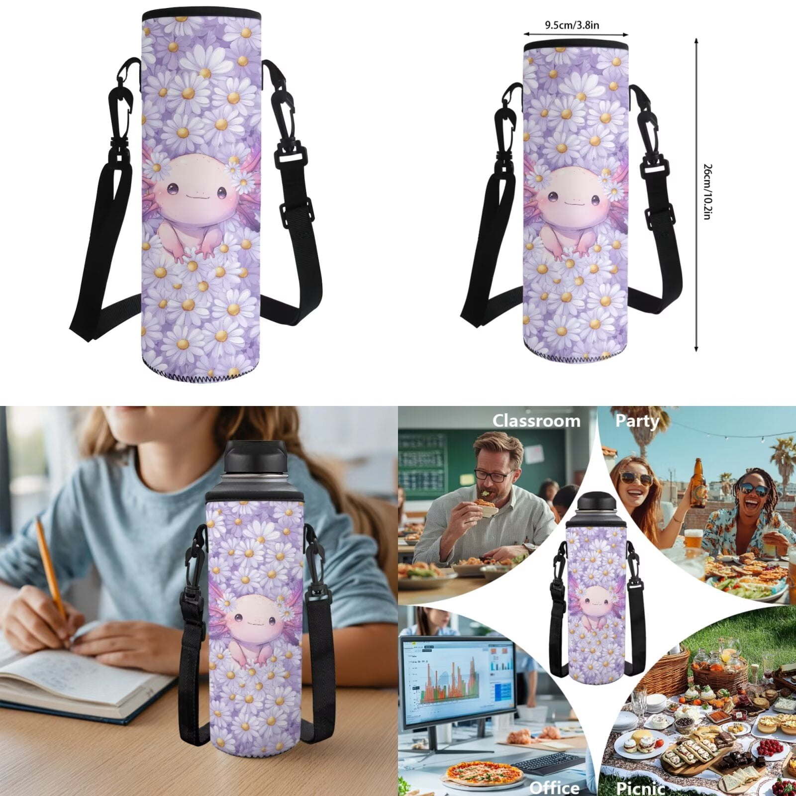 Pzuqiu Daisy Axolotl Girls Backpacks School Backpack with Lunch Bag Pencil Case Water Bottle Holder for 10-12 Kids 17 Inch Bookbag 4 Pcs School Bag Set Lightweight Laptop Backpack