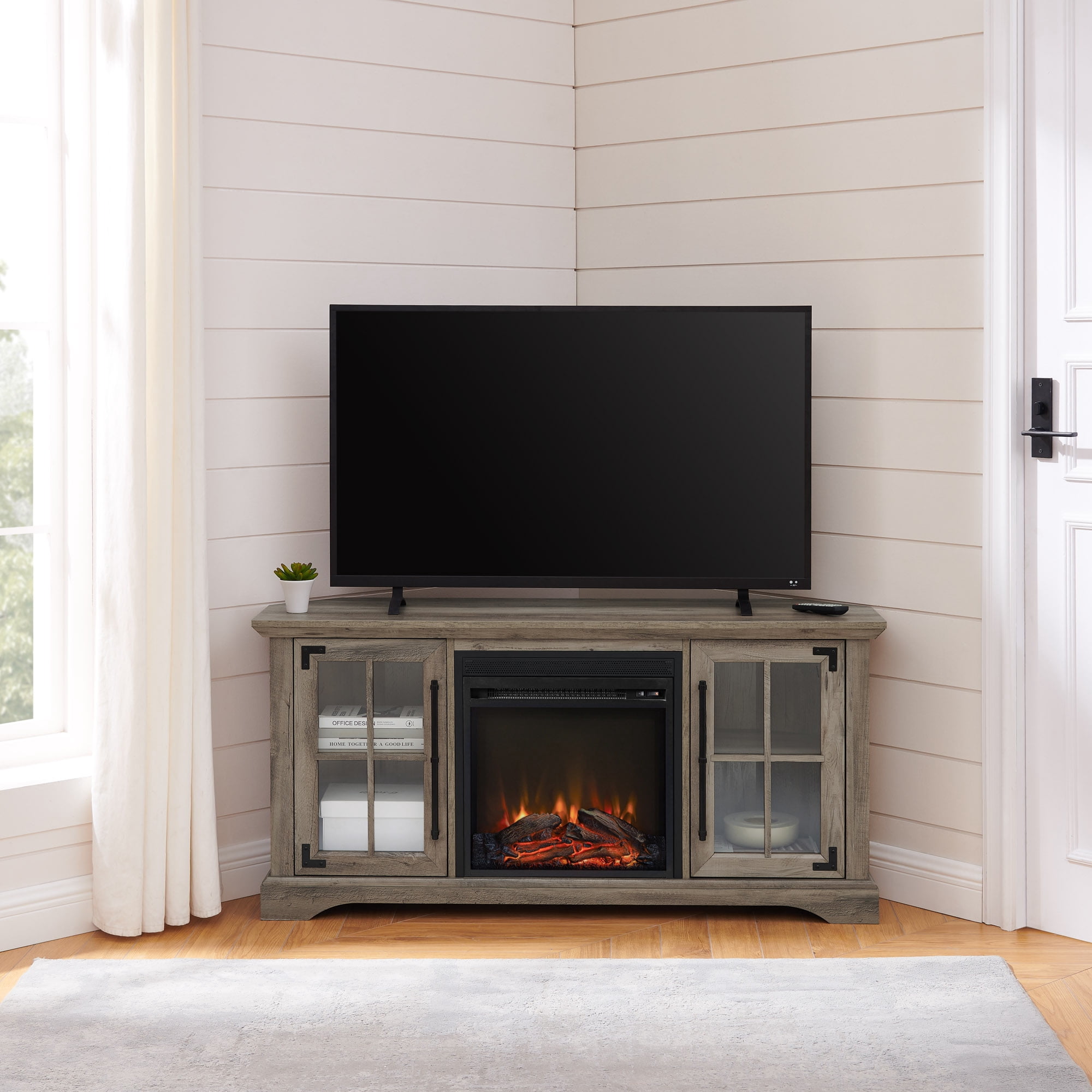 Walker Edison 54” Modern Rustic Electric Fireplace Corner TV Stand for TV’s up to 55”, Grey Wash
