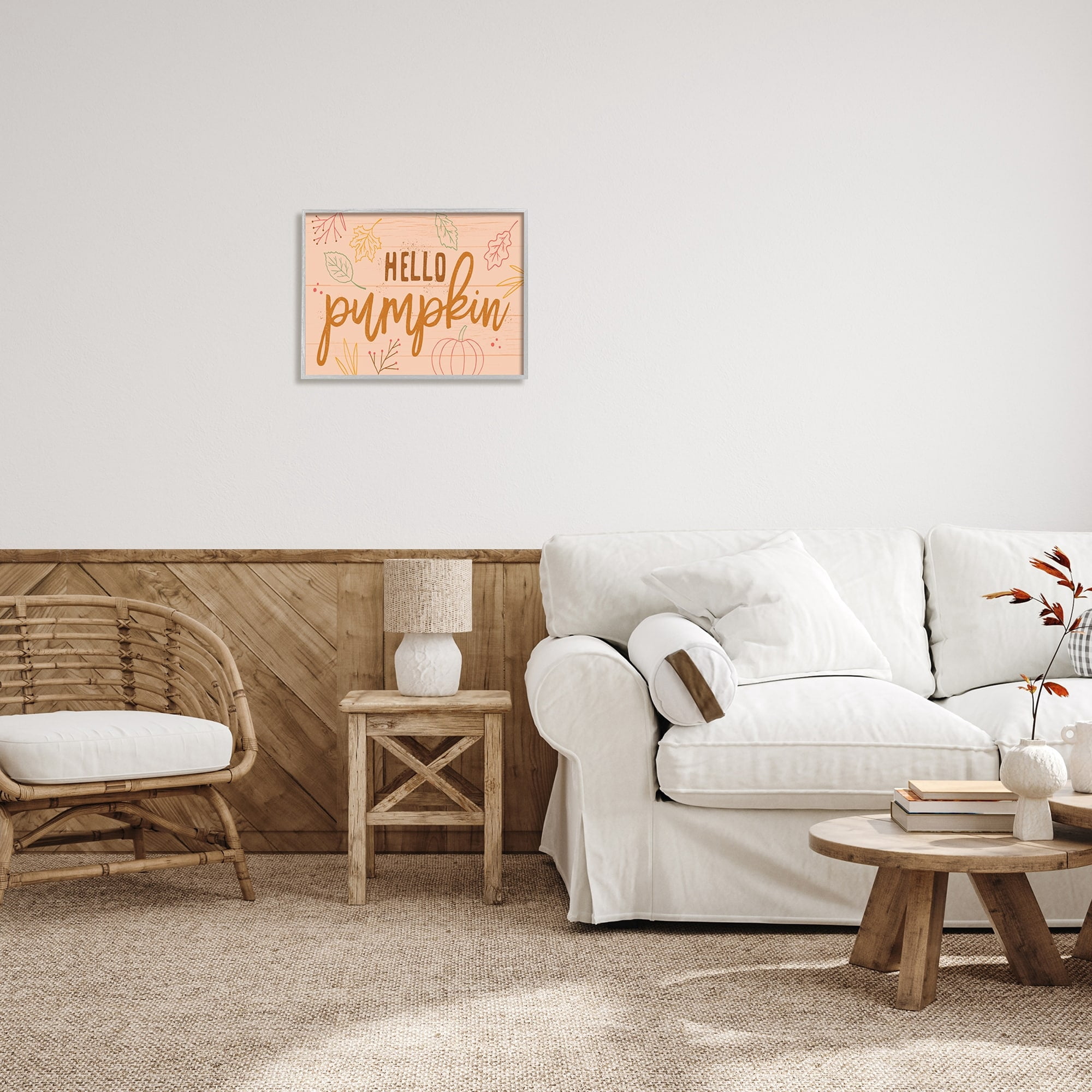 Hello Pumpkin Patterned Botanicals Autumn Phrase Design Inspirational Graphic Art Framed Art Print Wall Art
