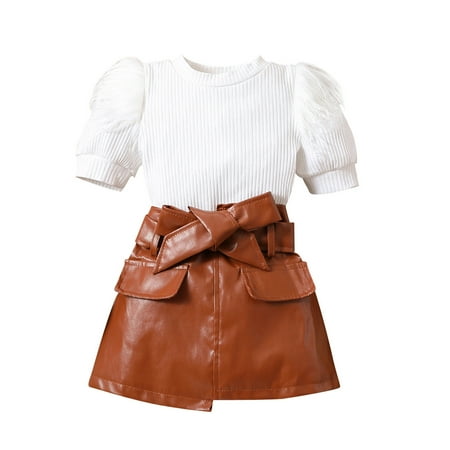 

Toddler Girls Summer Short Sleeve Solid Colour Ribbed Tops Skirt Two Piece Outfits Set For Kids Clothes