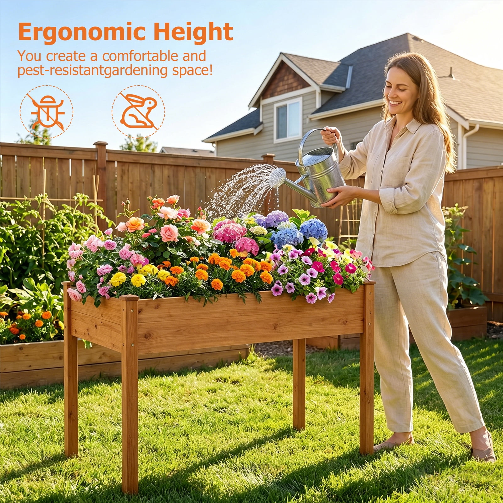 Atilioo Wooden Raised Garden Bed with Legs, 48x24x30 Inch Elevated Reinforced Planter Box for Backyard, Patio, Balcony w/ Liner, Brown