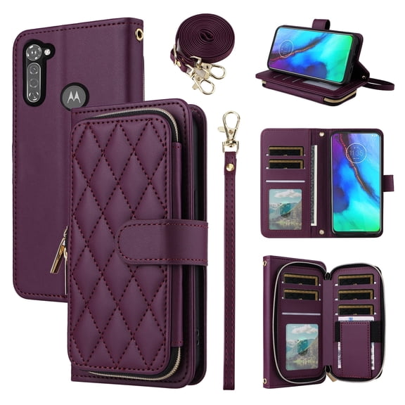 Furiet Argyle Wallet Case for Moto G Stylus 2020 MotoG Pro with Wrist/Shoulder Strap, Card Slots Zipper Purse Card Holder Stand Phone Cover for Motorola GStylus Stylo XT2043-4 XT2043 Deep Purple