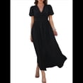 thumbnail image 3 of Vestido Midi Informal de Verano para Mujer, con Mangas Abullonadas, Escote en V, Fruncido, Botones Al Frente, Abertura, Estilo Bohemio, 2025 Negro S, 3 of 10