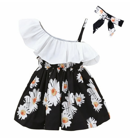 

Baby Girls Summer Sloping Shoulder Ruffled Floral Princess Dress For 6-9 Months