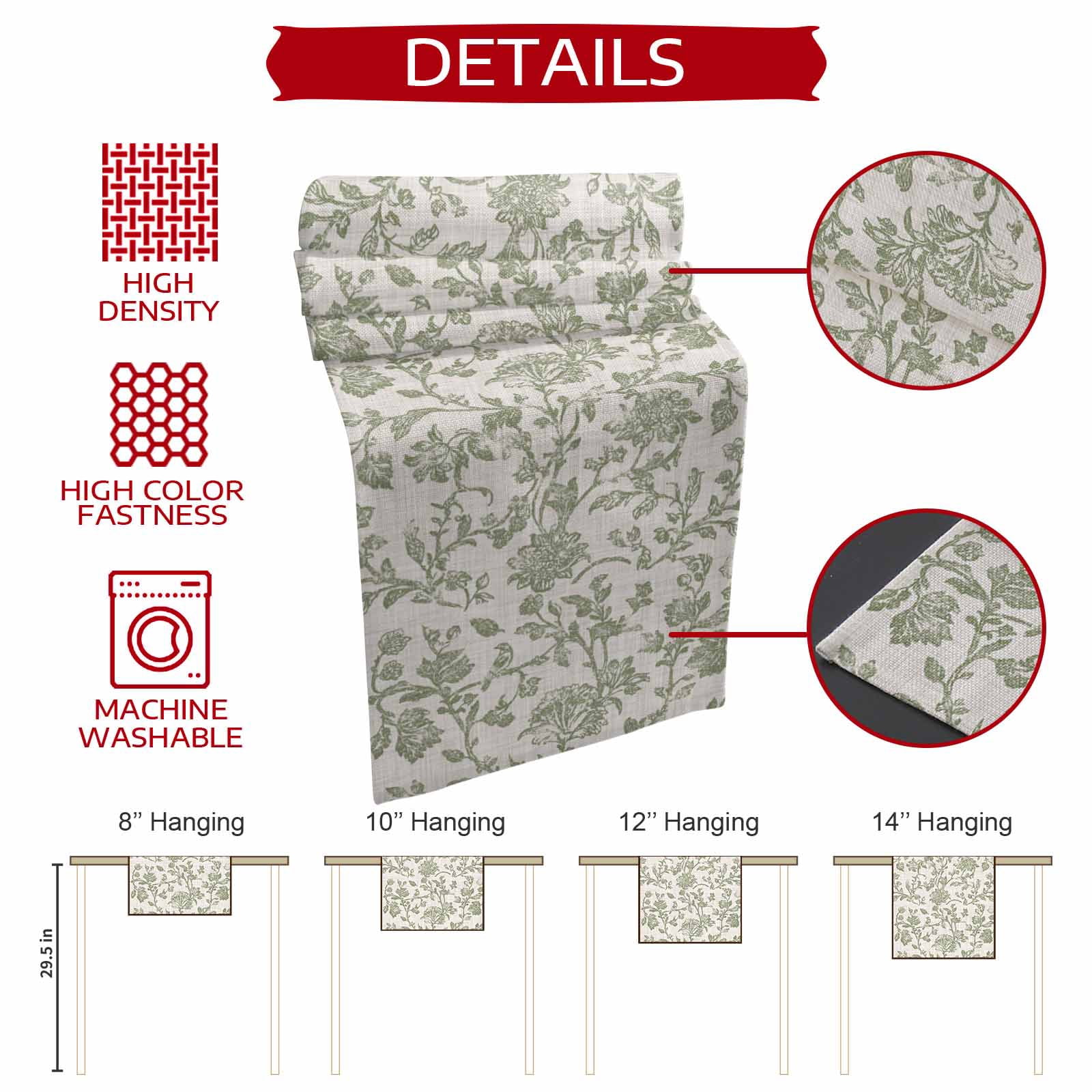Farmhouse Sage Green Table Runner 120 Inches Long,Vintage Flower Leaf Botanical Cotton Linen Table Runners Dresser Scarves,Decorative Tabletop Scarf Furniture Cover for Home Dinner Party 13"x120"