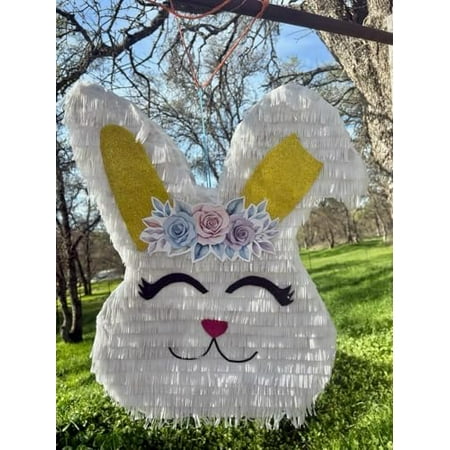 Large Easter Bunny Piñata, 23" Tall White Fringe with Gold Ears and Floral Crown, Hanging Party Decoration$$Electronics Accessories