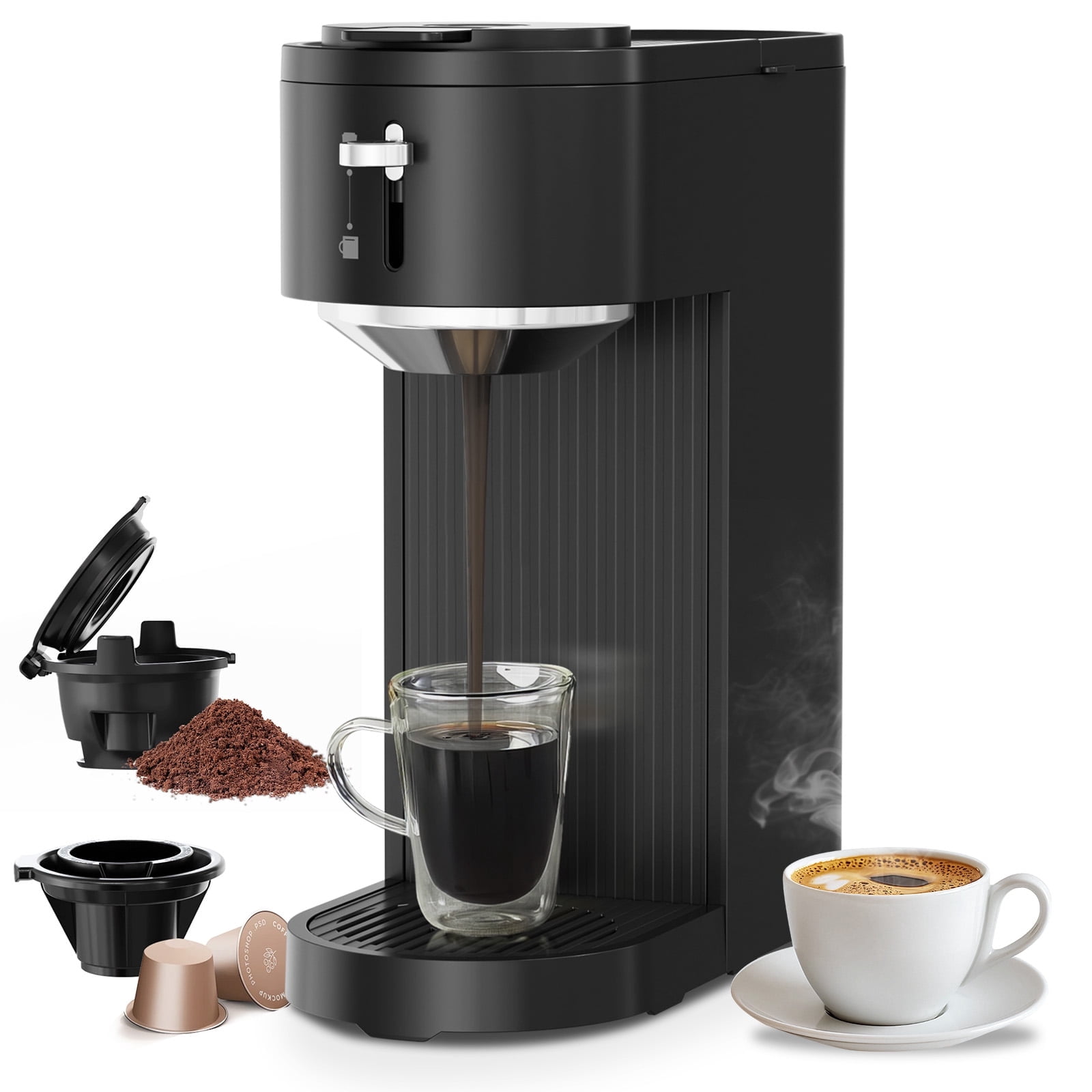Auseo Single Serve Coffee Maker for Capsules and Grounds, 5 Brew Sizes (6-14 Oz), Adjustable Height, Compact Design, Fast and Easy Cleaning, Perfect for Home/Office/Travel, Black