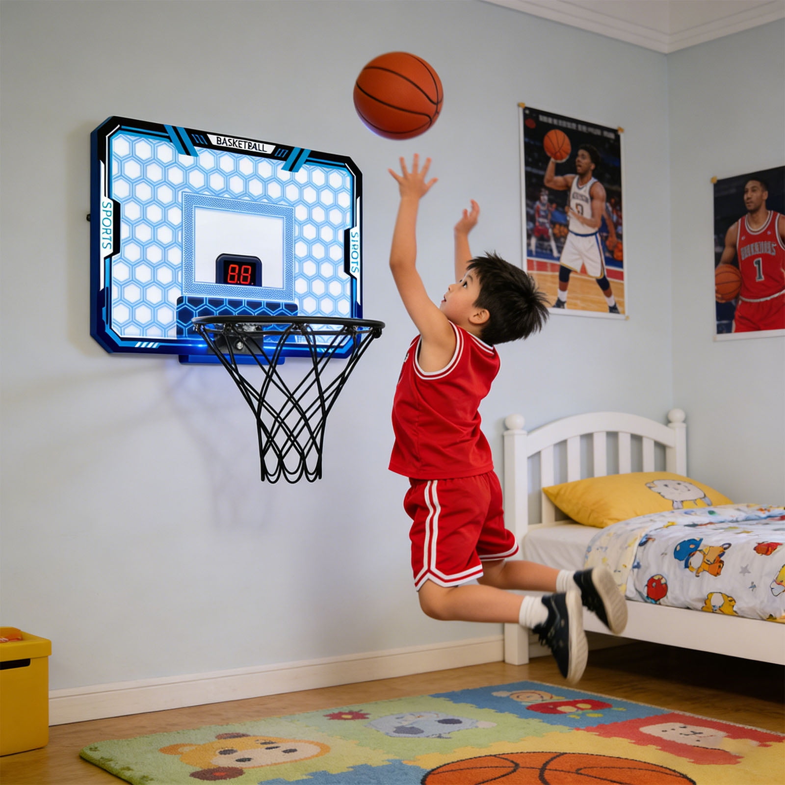 Electronic Scoreboard Basketball Hoops Wall Mounted Foldable LED Lights Set Including Pumps For Various Ages