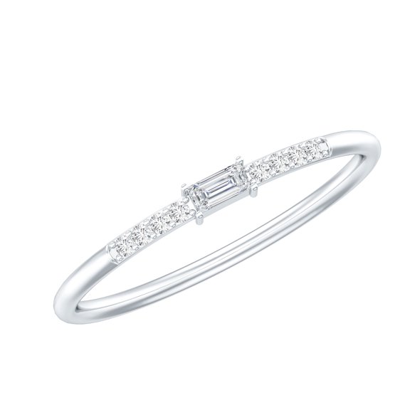 Stackable Moissanite Ring for Women, Round and Baguette Moissanite Minimal Ring (D Color VS1 Clarity, Rosec Jewels), 925 Sterling Silver, US 4.00