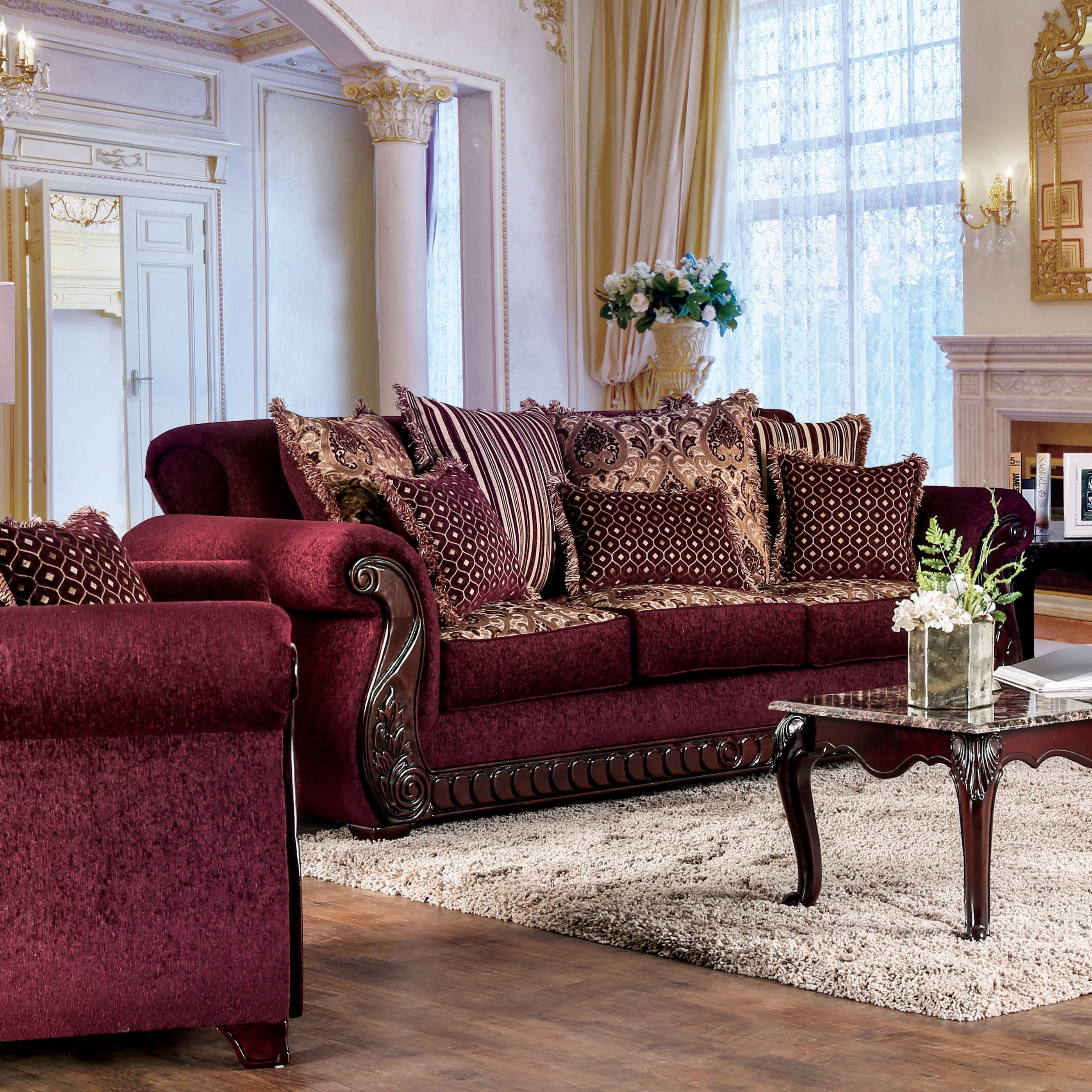 Furniture of America Fova Traditional Damask Fabric Upholstered Sofa