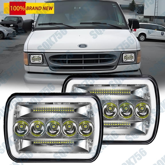 2PC 5x7" 7x6 LED Headlights for Ford E-100 E-150 E-250 Econoline Van w/ DRL Turn