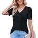 thumbnail image 1 of Mujer Cuello En V Top Mangas Cortas Puff Busto Plisado Color Puro Ajuste Suelto Verano Casual Camiseta Negro S, 1 of 5
