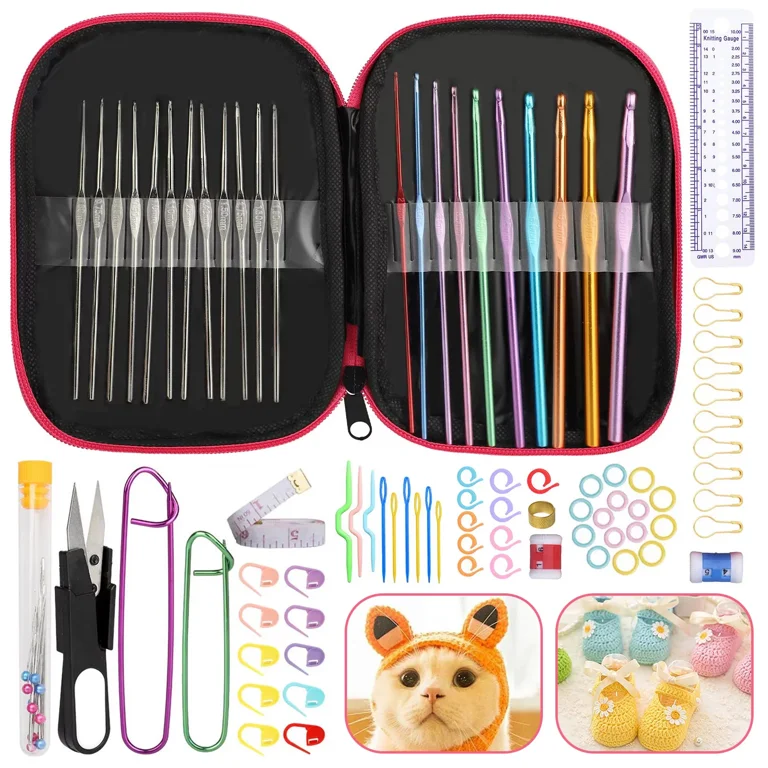 68 Pcs Crochet Hook Set with Case, Ergonomic Crochet Kits Include 5 Roll Yarn, Knitting Needles and Other Supplies