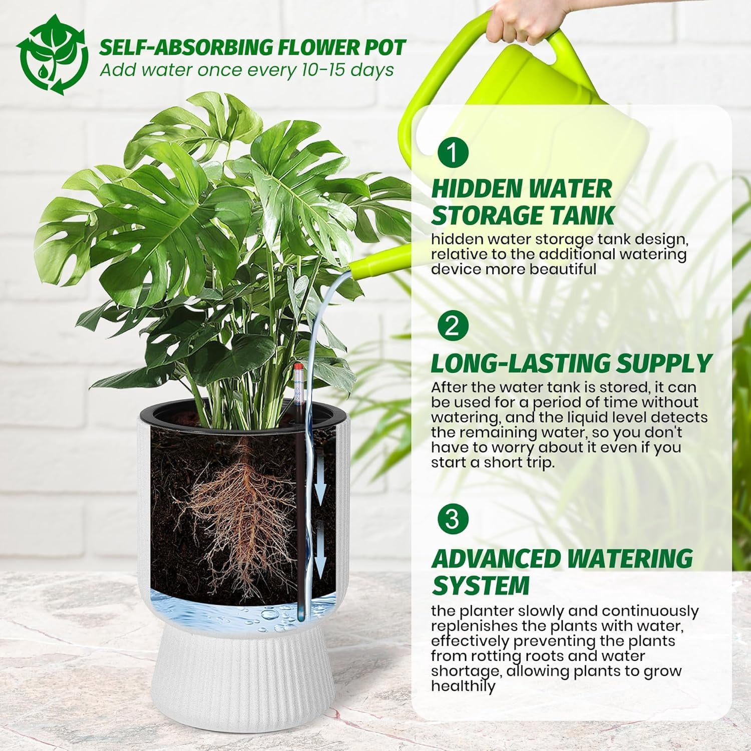 Kojooin 14.2" Planters Set of 2 – Self Watering Flower Pots with Drainage Holes & Water Level Monitor for Patio, Home, Office, Porch, Living Room