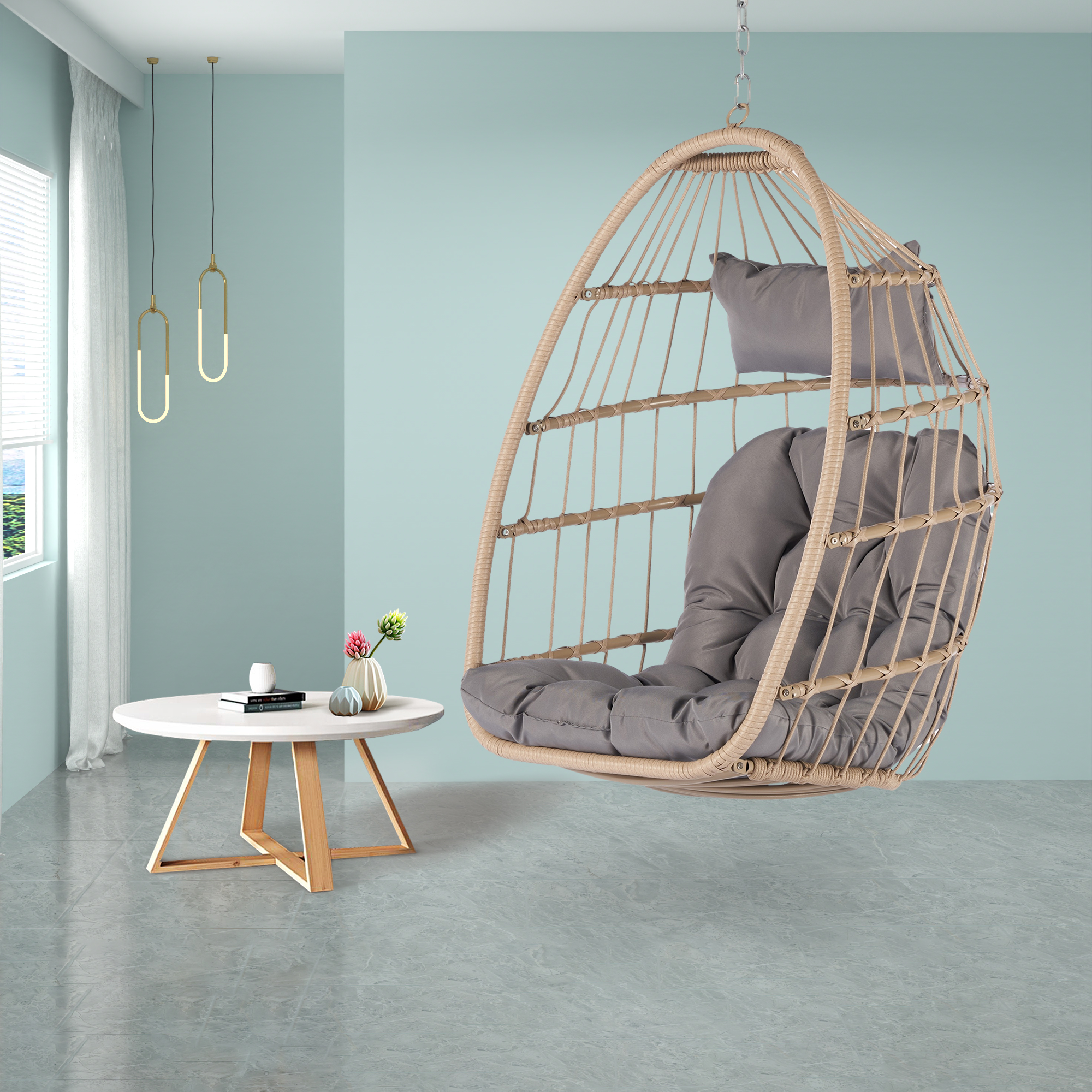 Patio Wicker Hanging Chair, Egg Chair Hammock Chair with UV Resistant Cushion and Pillow for Indoor Outdoor, Patio Backyard Balcony Lounge Rattan Swing Chair - image 5 of 6